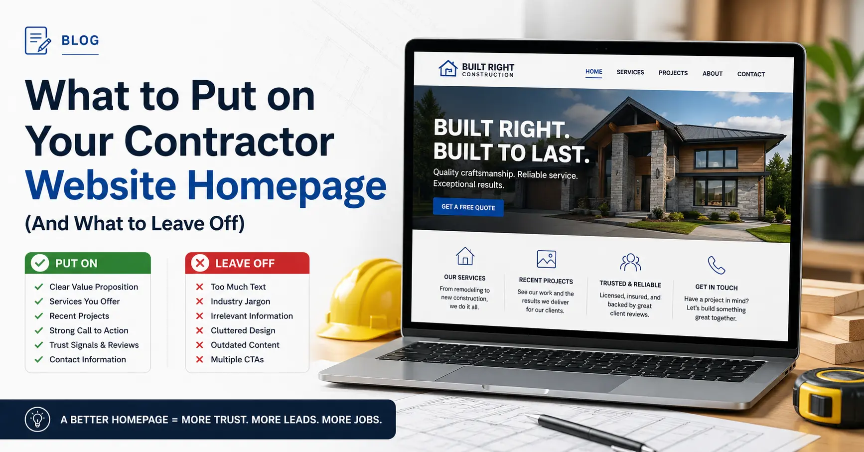 Blog post graphic showing what to put on and leave off a contractor website homepage with an example website on a laptop