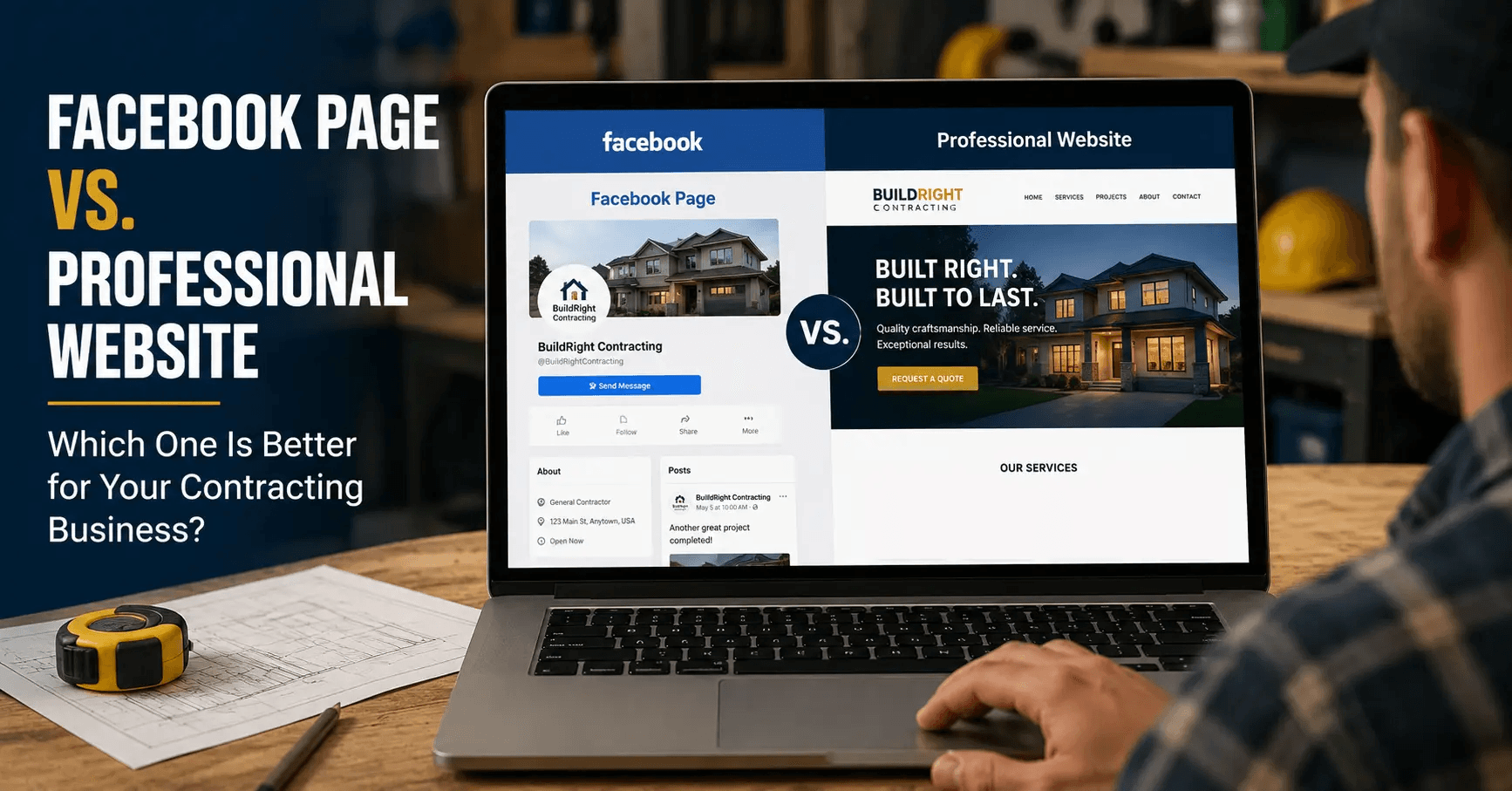 Contractor comparing Facebook page and professional website on laptop