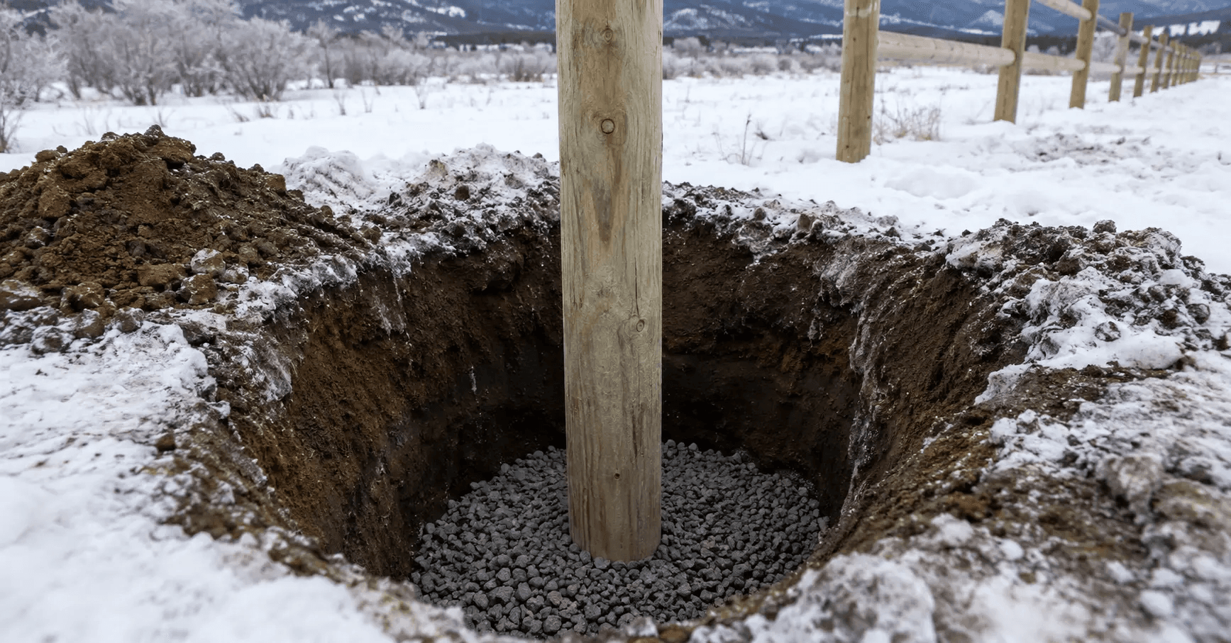 Fence post being set in a deep hole with gravel base in cold climate
