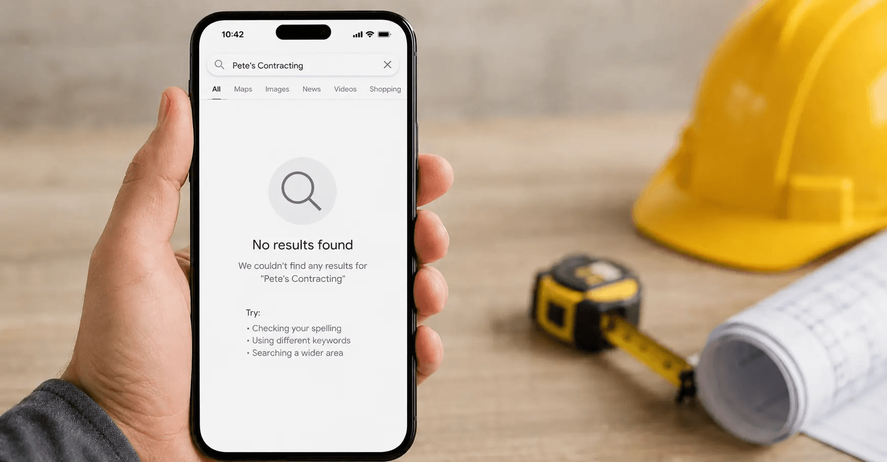 Empty search results on phone screen showing nothing for a contractor without a website