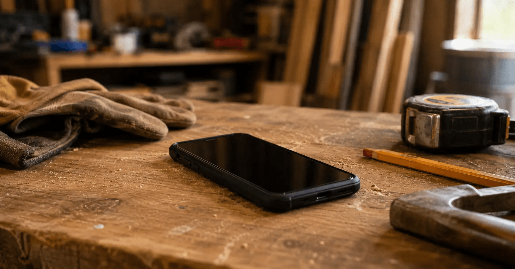Silent smartphone resting on a workbench next to tools in a contractor's workshop.