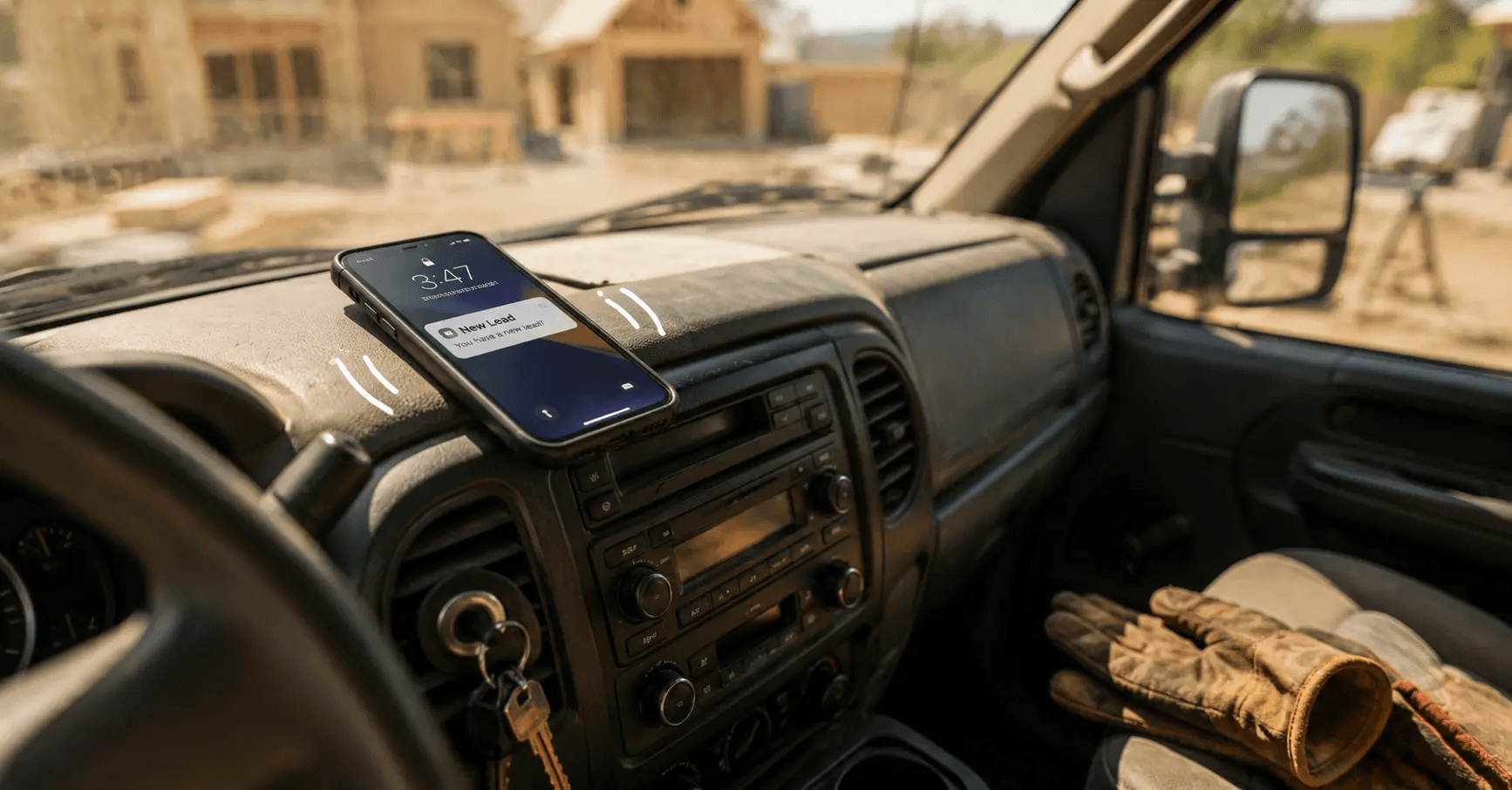 Phone lighting up with a new lead notification on a contractor's truck dashboard