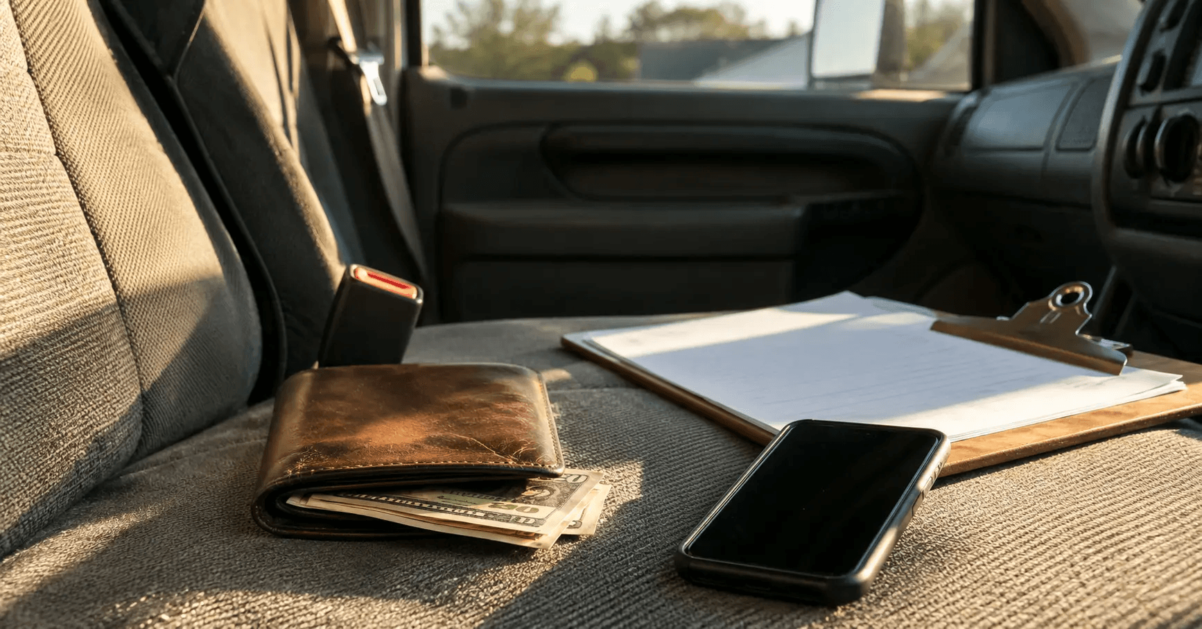 Wallet and cash on a contractor's truck seat representing the cost of buying leads.