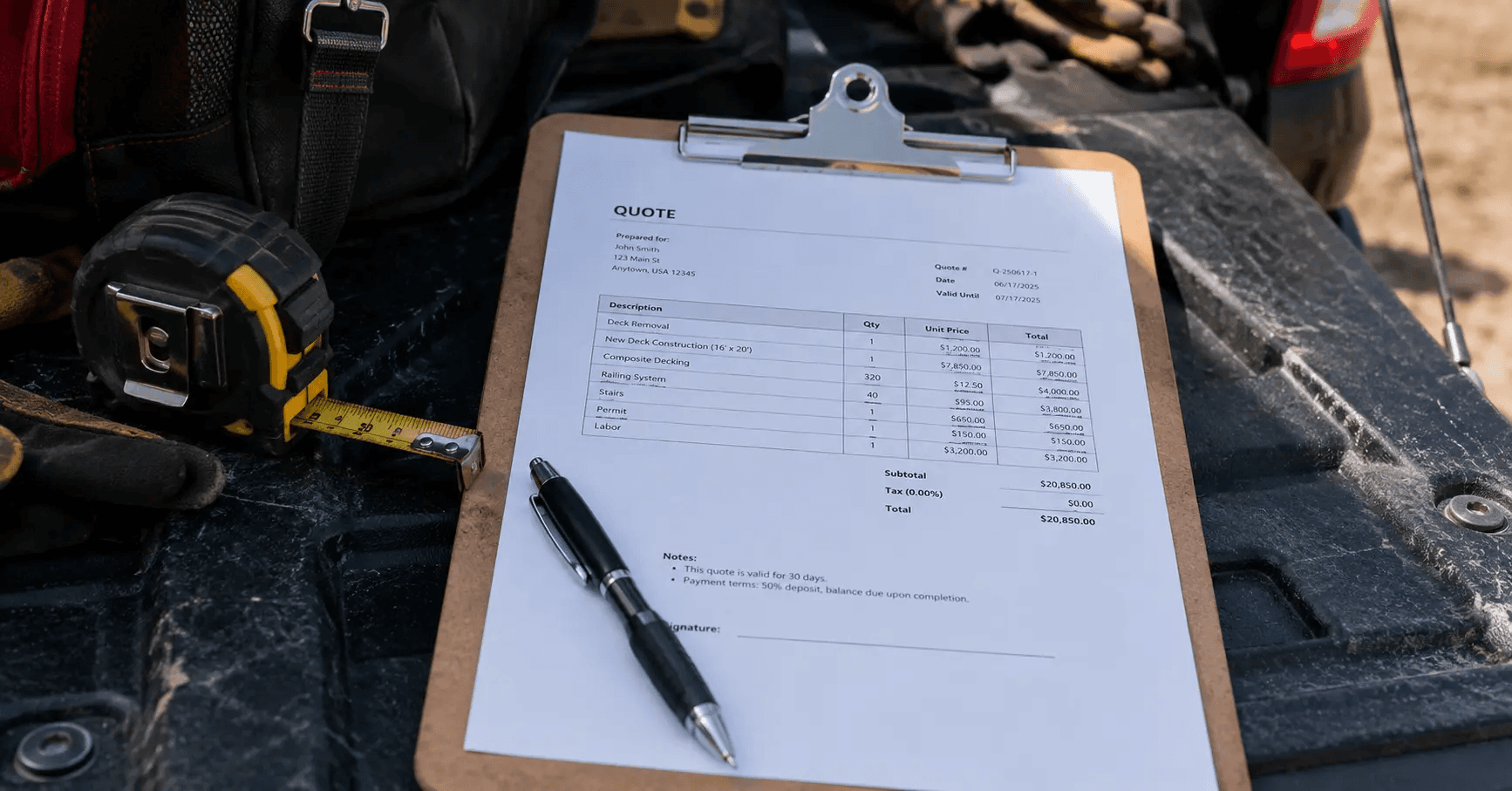 Contractor reviewing a printed job quote on a truck tailgate with a tape measure and pen