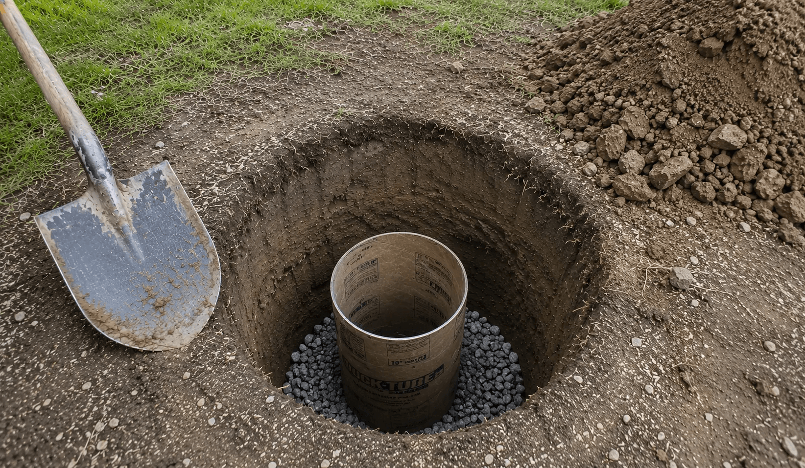 Concrete form tube set in a dug deck footing hole with a post base anchor, gravel and tools nearby