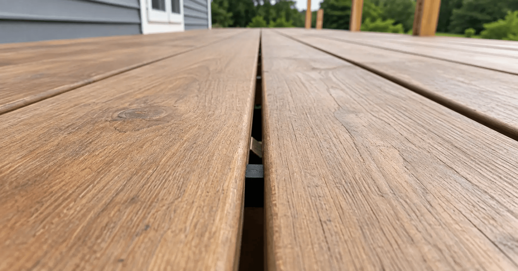 Deck boards being installed with a spacer set between them, screw gun and fasteners on the deck surface