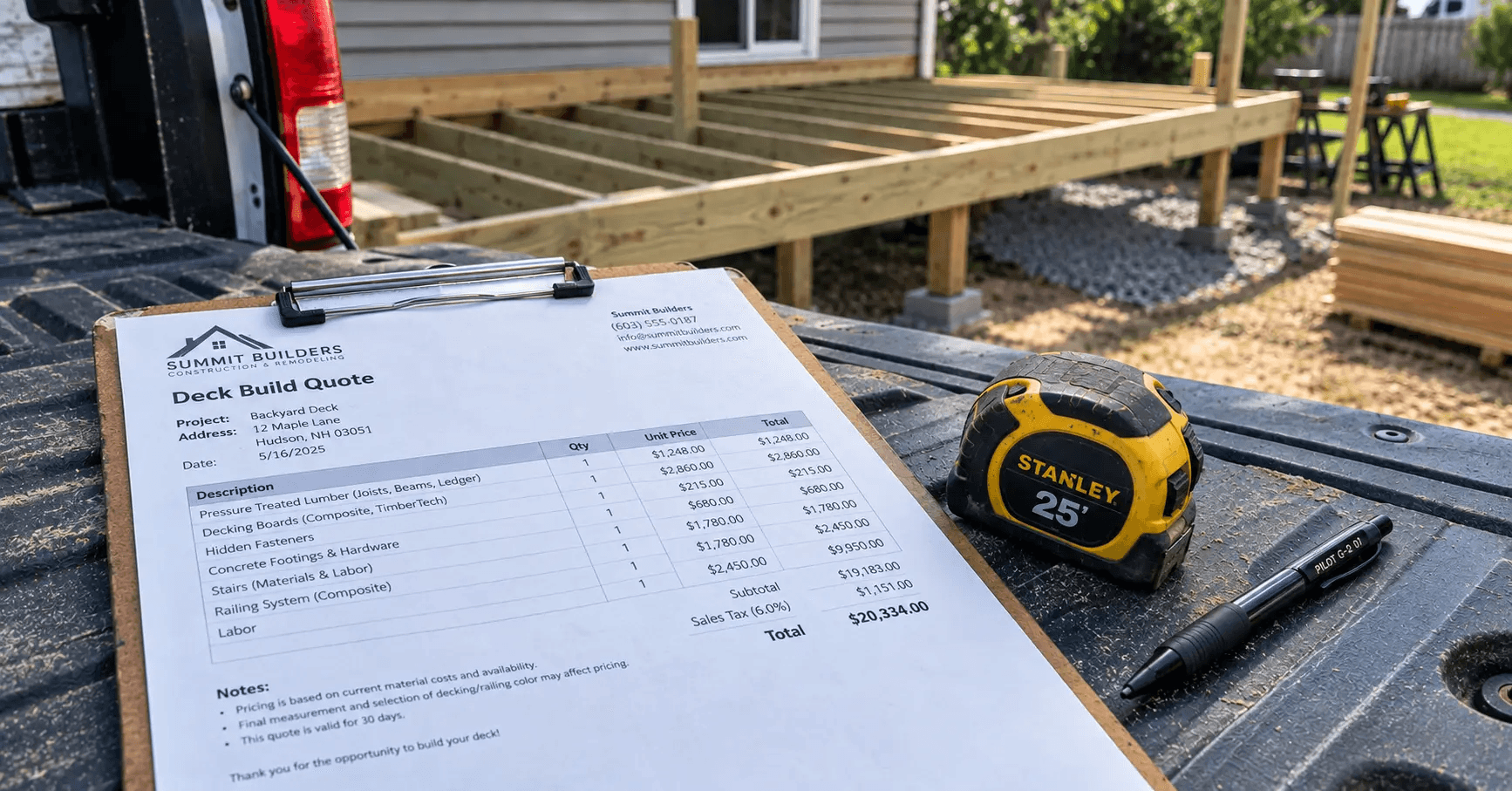 Contractor working up a deck estimate on a clipboard with a tape measure, in front of a partially framed deck