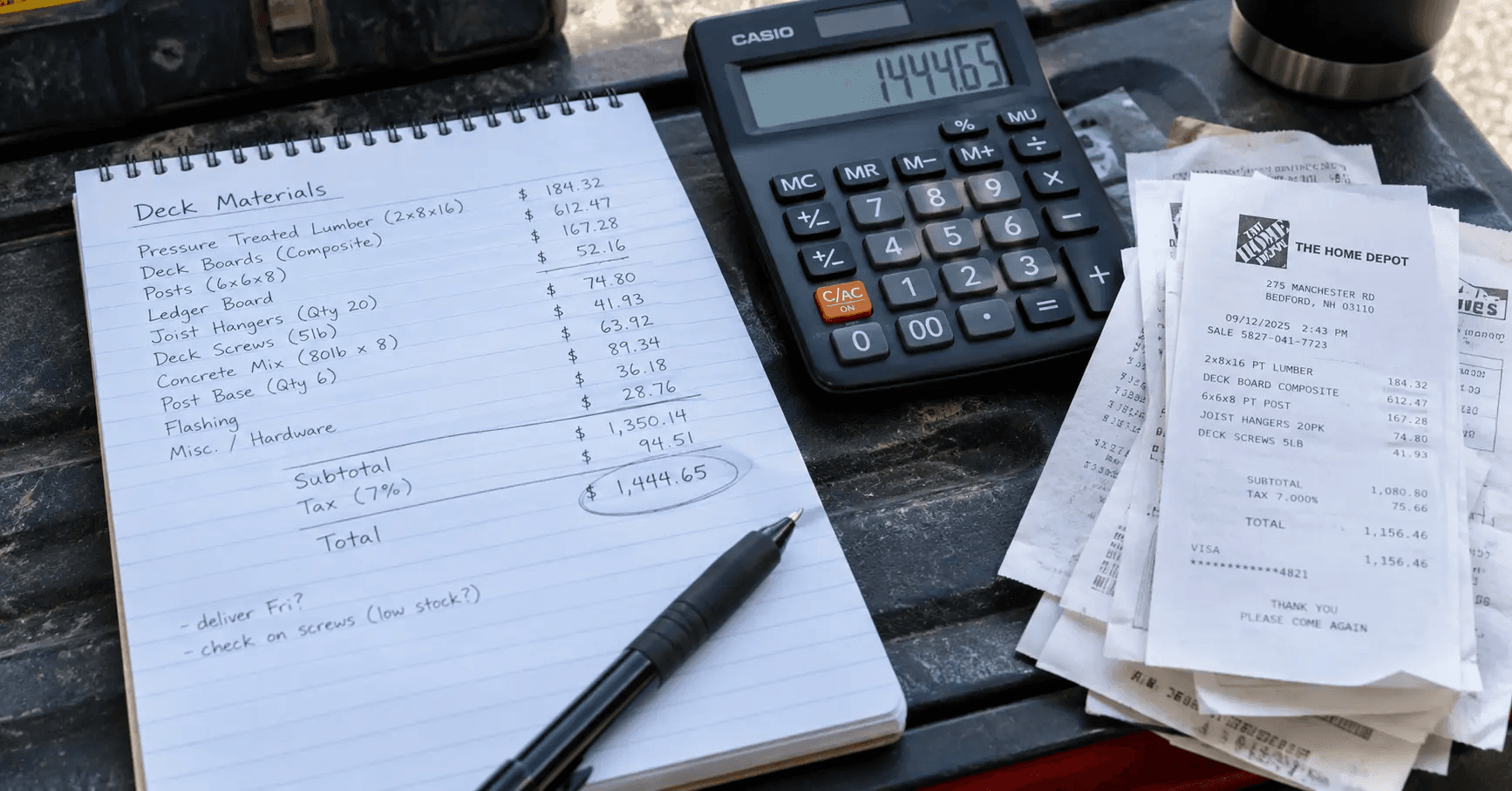 Contractor working out job pricing on a notepad with a calculator and material receipts on a truck tailgate