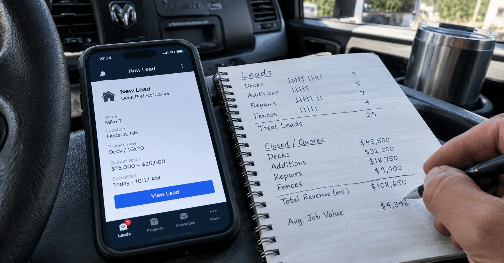 Contractor reviewing lead spend against booked jobs on a phone and notepad in a work truck