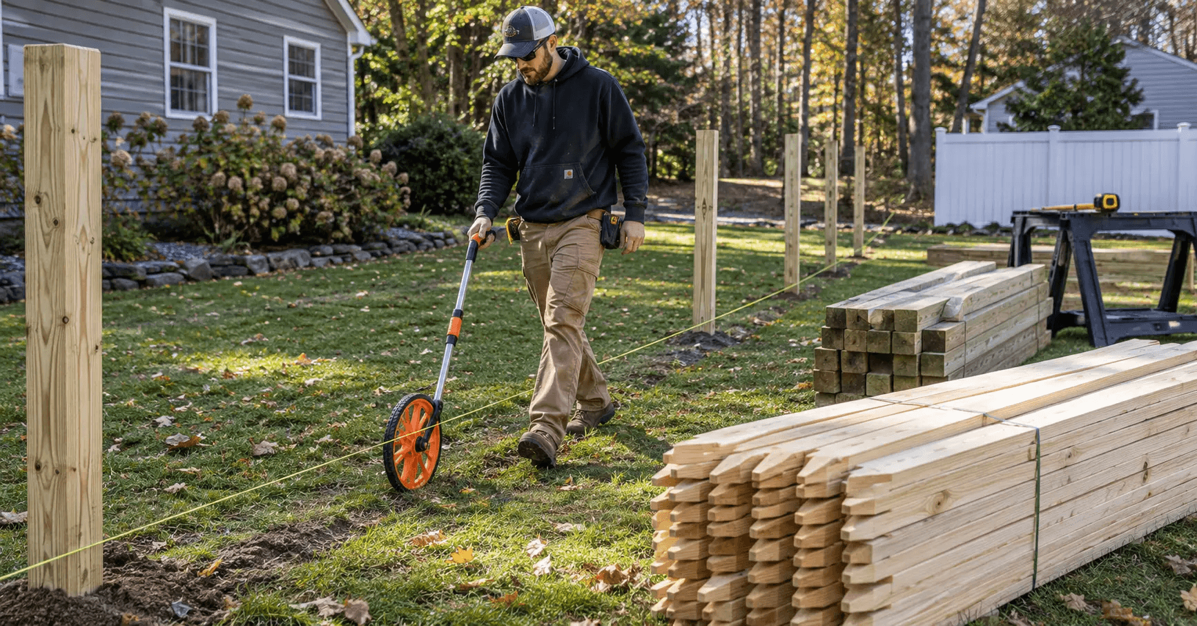 Contractor measuring a fence line with a measuring wheel, posts and pickets stacked nearby